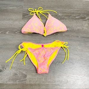 Victoria’s Secret lace overlay pink yellow ruched bottoms triangle bikini set